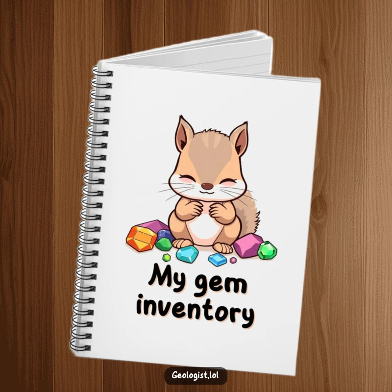 Funny notebook with a focused squirrel identifying gemstones, for detailed note-taking.