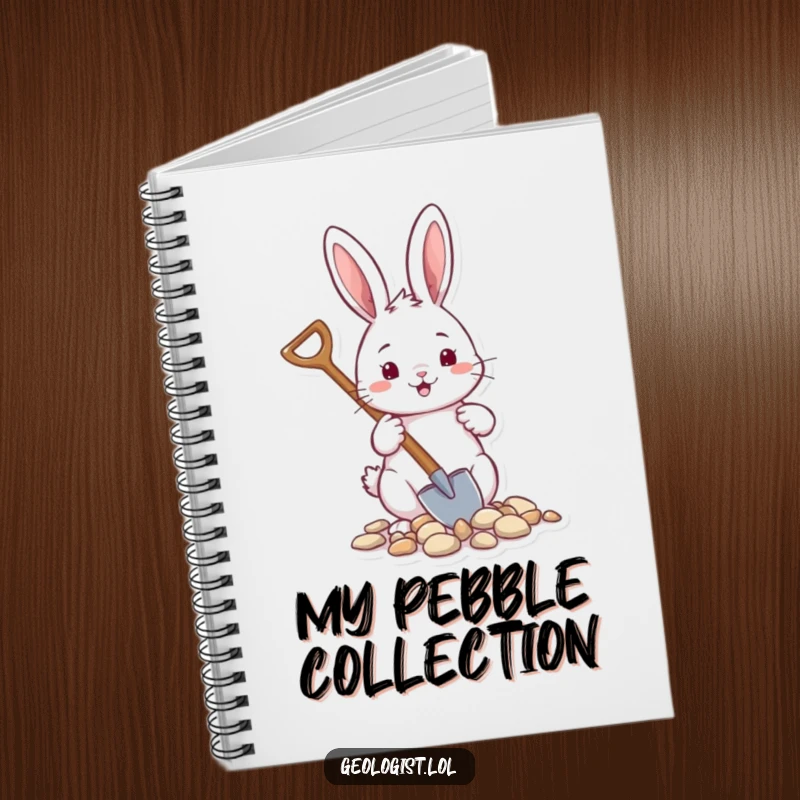 Funny notebook with a cheerful rabbit holding a tiny shovel, collecting pebbles, for garden notes.