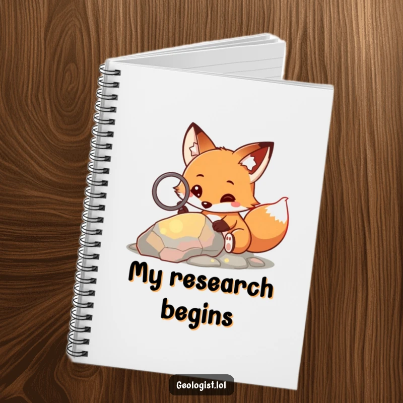 Funny notebook with a curious fox, magnifying glass, and colorful rock, for writing and note-taking.