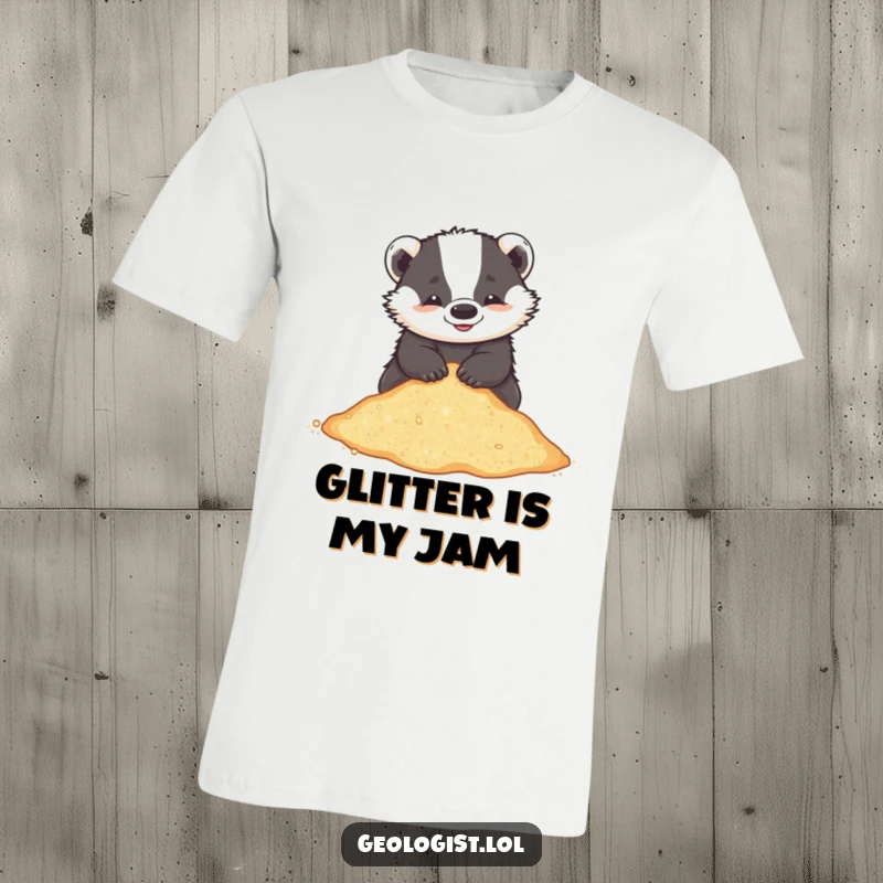Funny T-shirt depicting a playful badger joyfully sifting through sparkling, glittering sand, perfect for beach lovers.