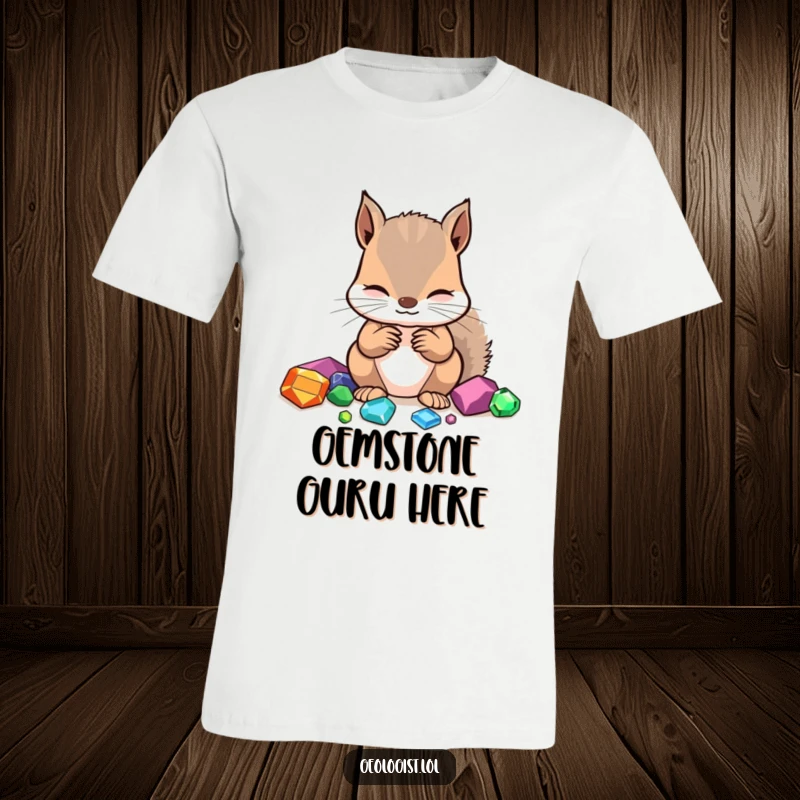 Funny T-shirt depicting a focused squirrel intently examining and identifying various colorful gemstones.