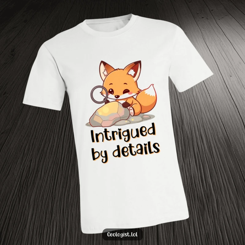 Funny T-shirt showcasing a curious fox with a magnifying glass, intently studying a vibrant, colorful rock.