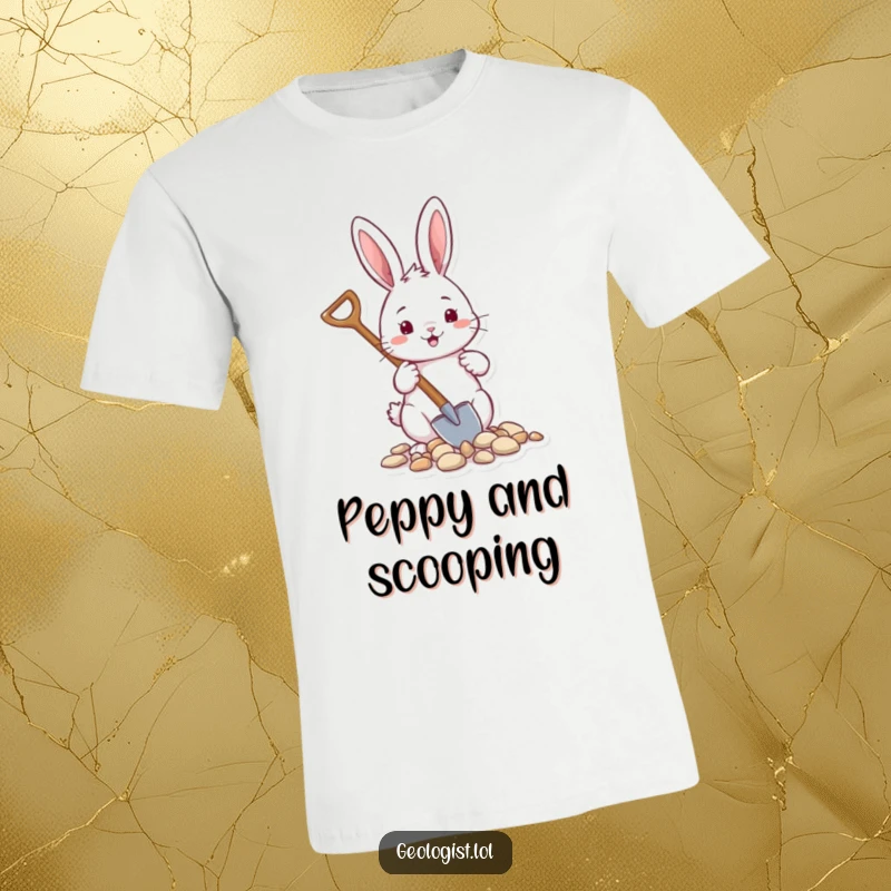 Funny T-shirt depicting a cheerful rabbit holding a tiny shovel, carefully scooping up small pebbles.