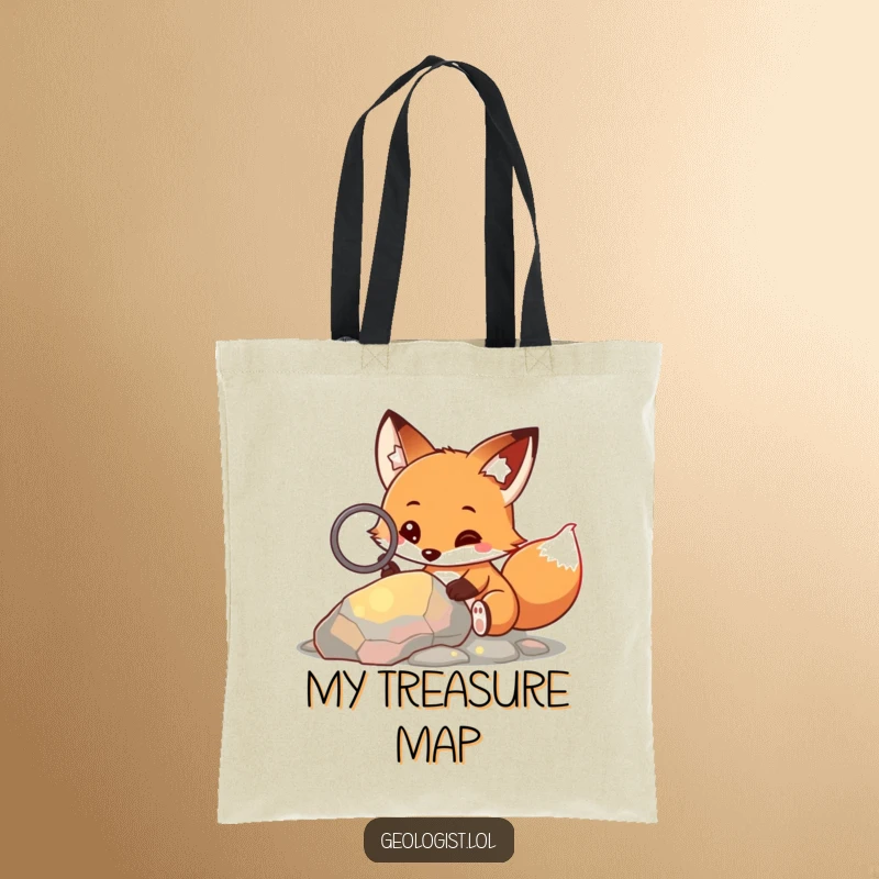 Funny tote bag with a curious fox, magnifying glass in paw, examining a colorful rock, for carrying essentials.