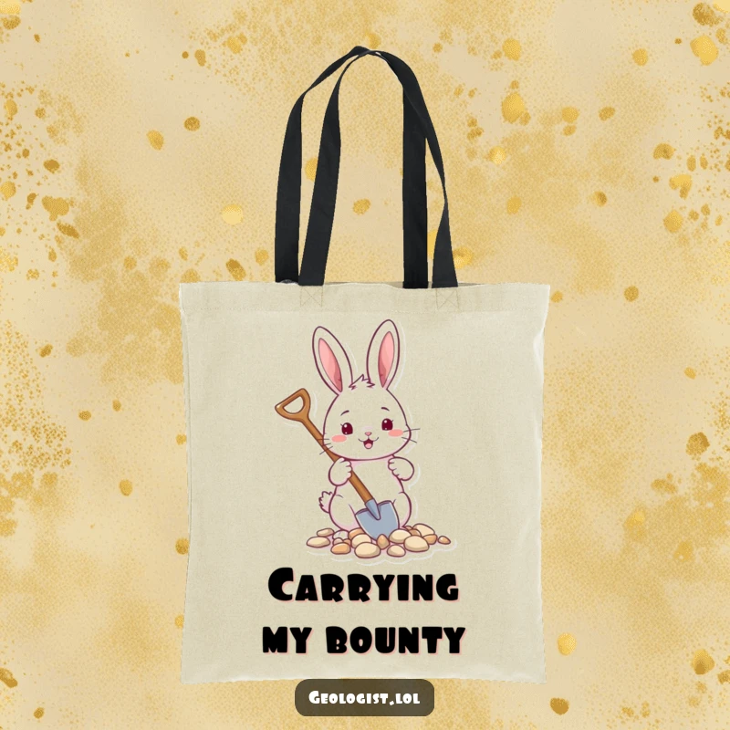Funny tote bag with a cheerful rabbit holding a tiny shovel, collecting small pebbles, ideal for garden supplies.
