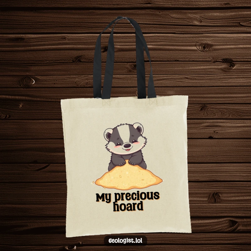 Funny tote bag with a playful badger sifting through glittering sand, perfect for carrying beach necessities.