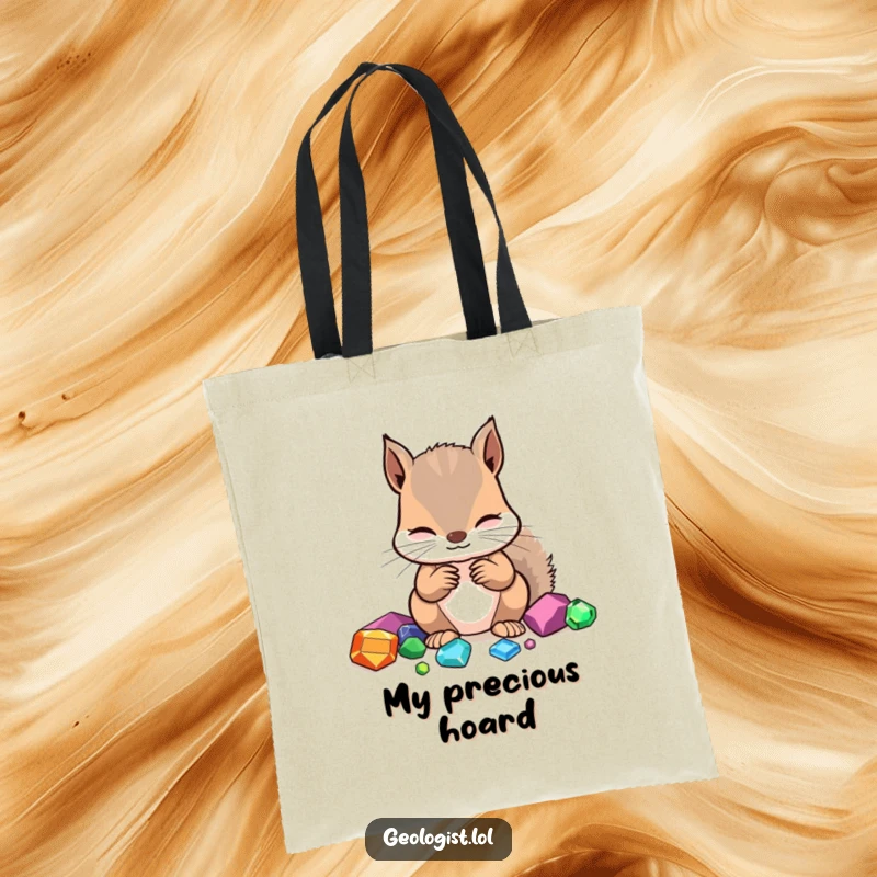 Funny tote bag with a focused squirrel identifying gemstones, perfect for carrying treasures or daily items.